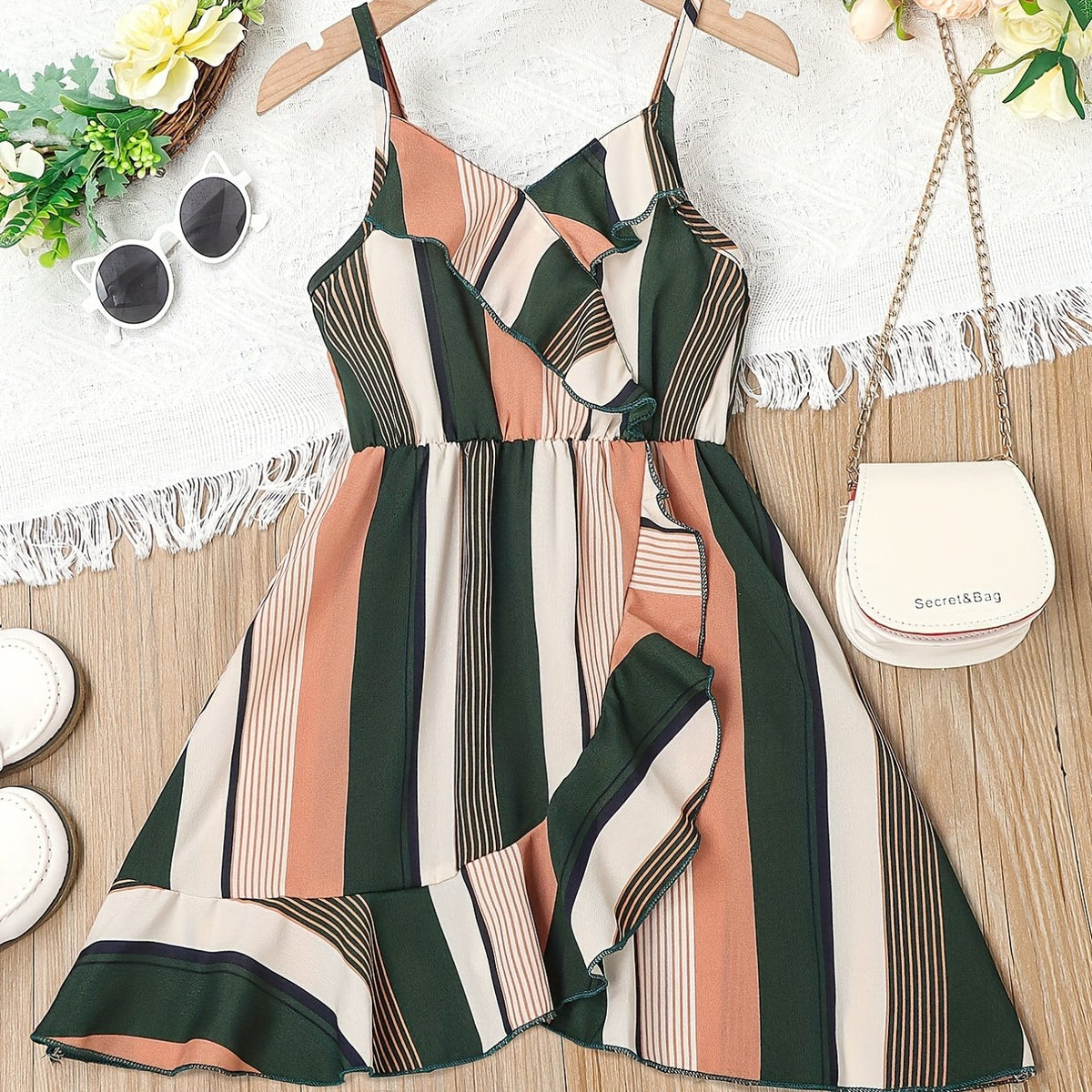 Toddler Girls Stripes Ruffle Trim Cami Dress For Party Beach Vacation