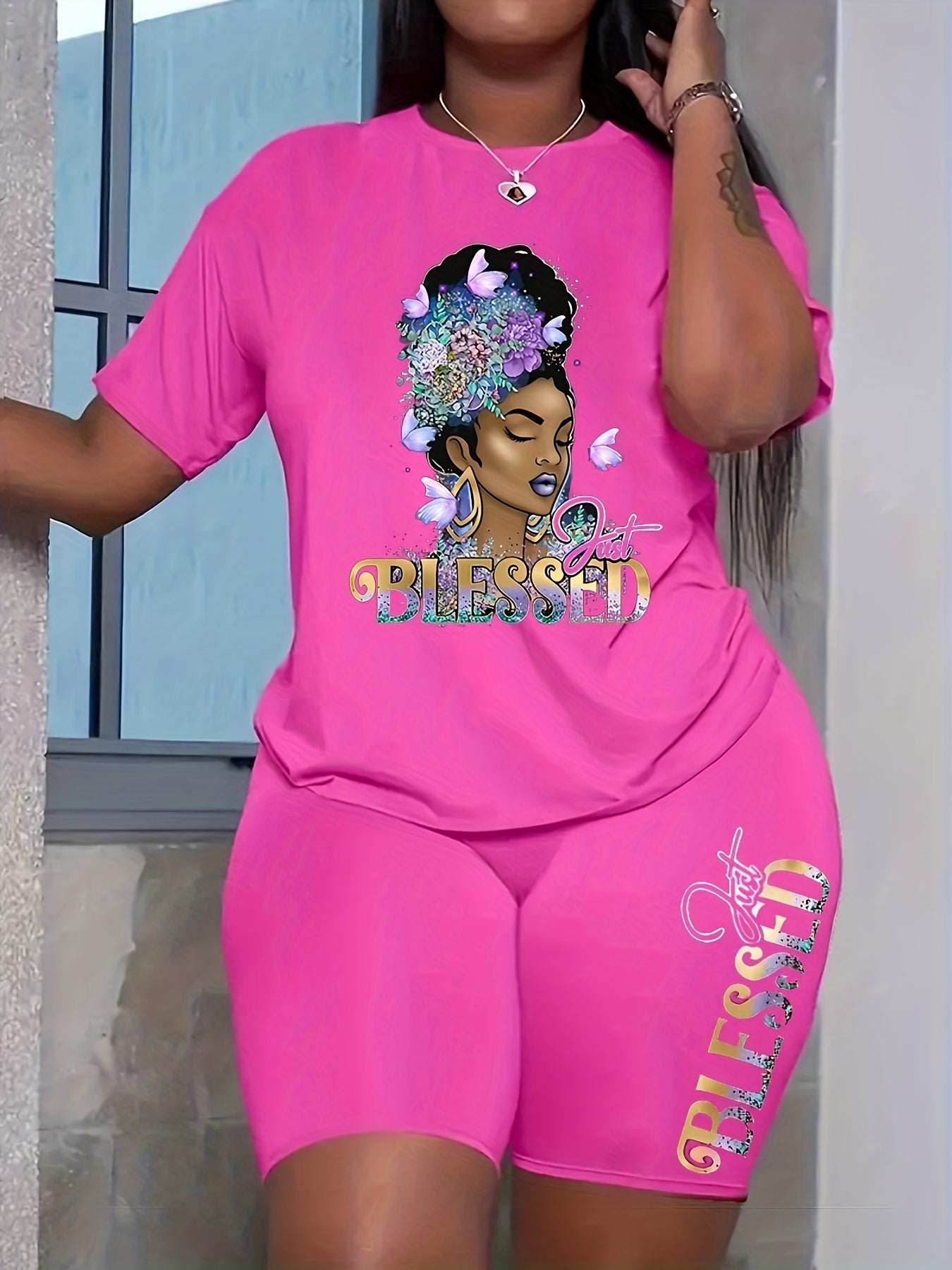 Blessed Girl Print 2 Pieces Set Crew Neck Short Sleeve T-shirt & Bodycon Shorts
