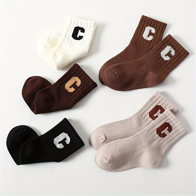 5 Pairs Kids Letter C Print Crew Socks Breathable