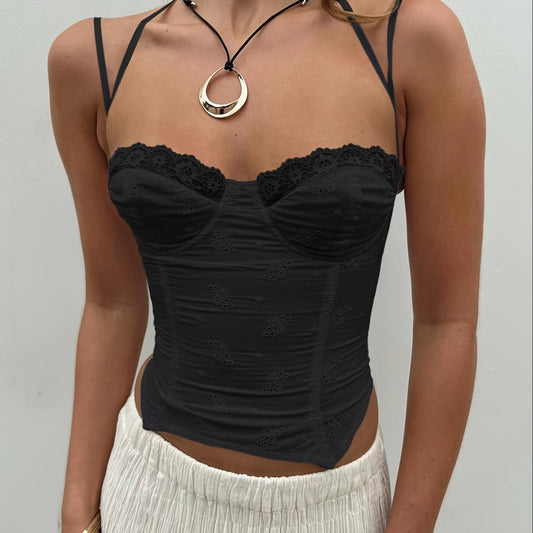 Lace Zipper Bustier Cami Top Y2K Sweetheart Neck Spaghetti Strap