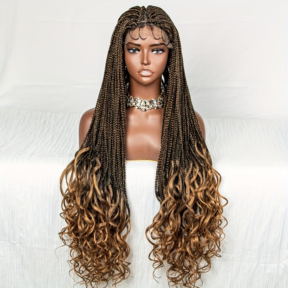 Burgundy Ombre Lace Front Braided Wig with Curly Ends