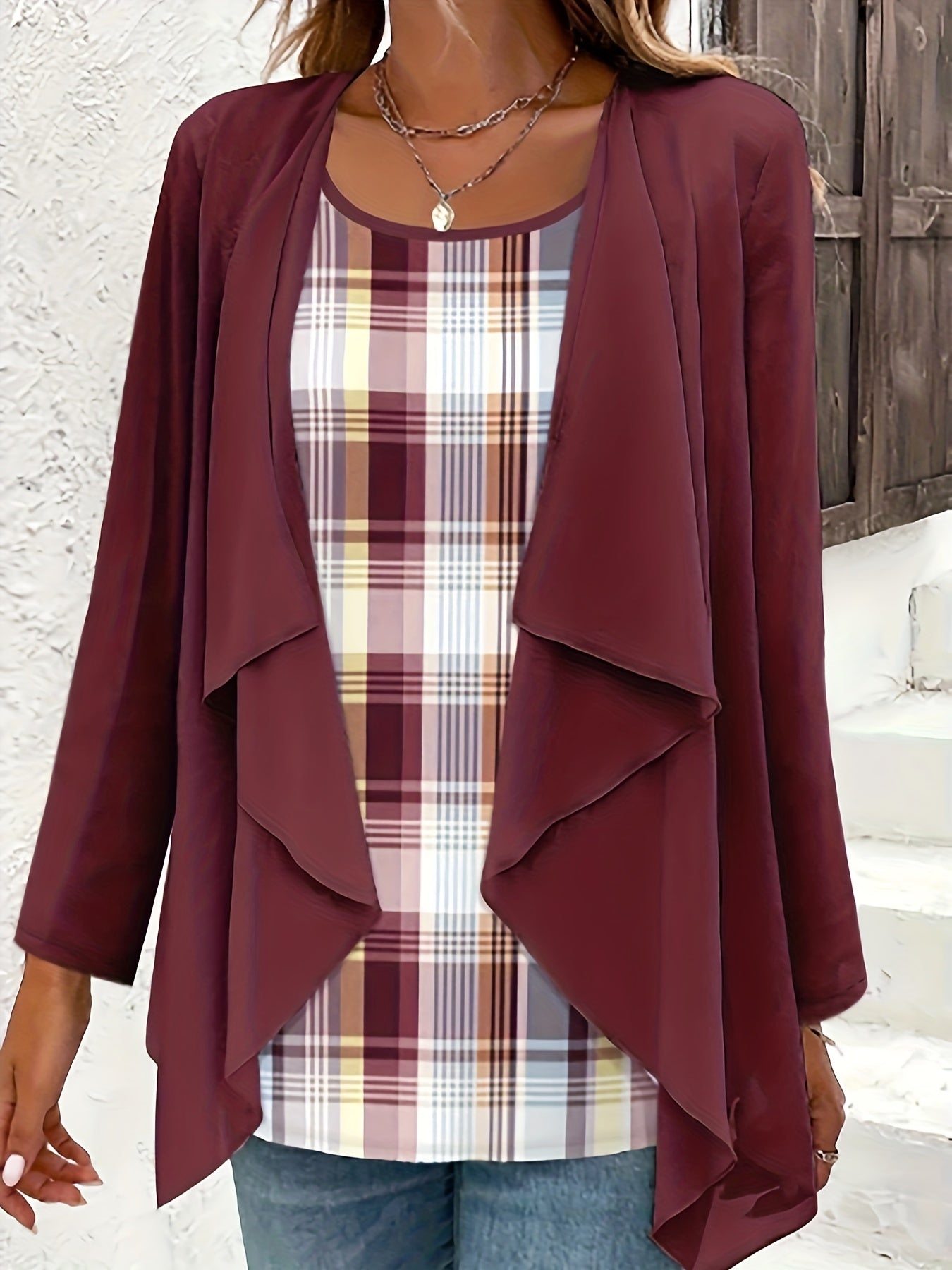  Plaid Print Cami Top & Cardigan Set for Women