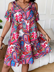  Paisley Print Cold Shoulder V Neck Dress