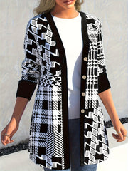  Geometric Print Cardigan Long Sleeve Button Up