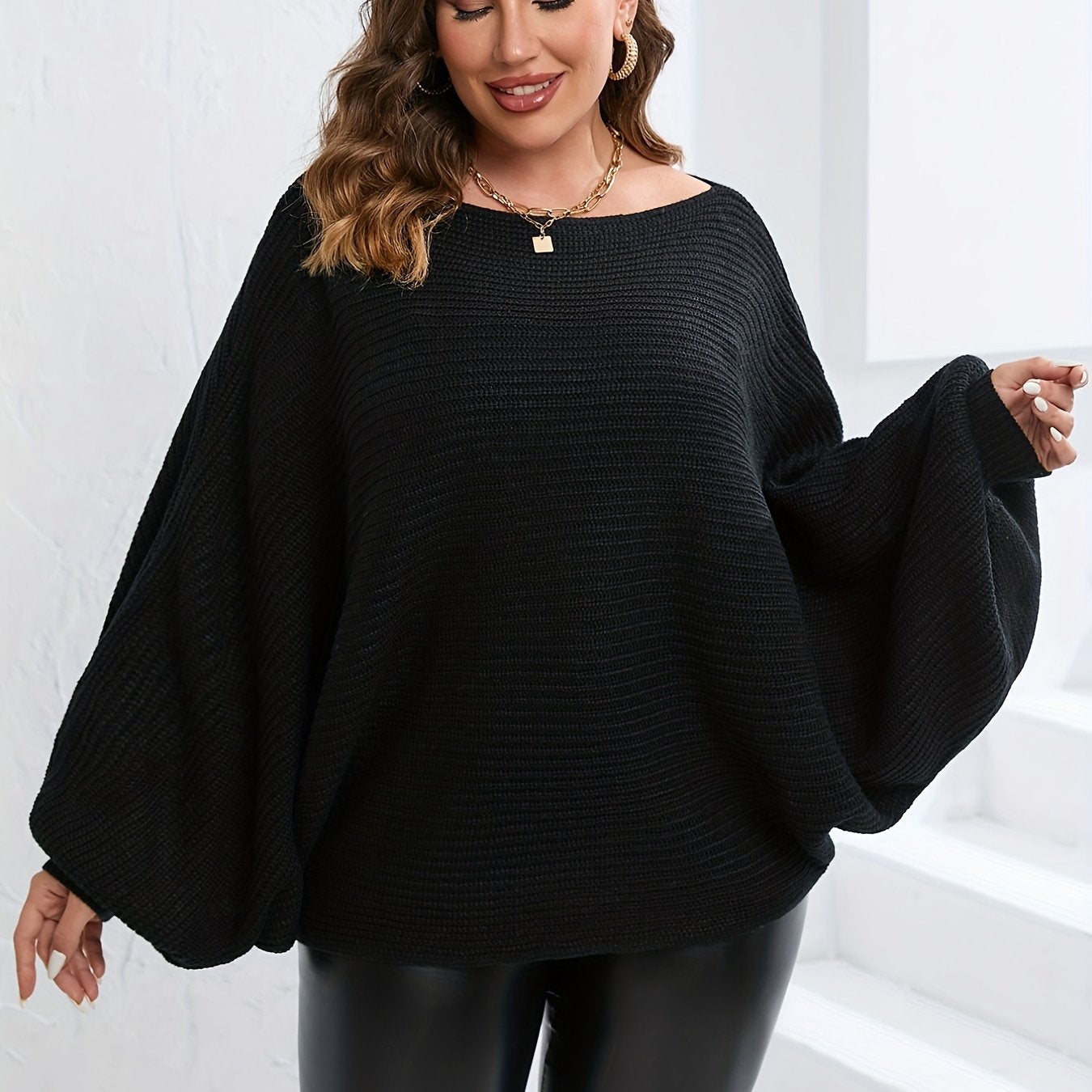  Off Shoulder Batwing Solid Sweater Women's Plus Casual