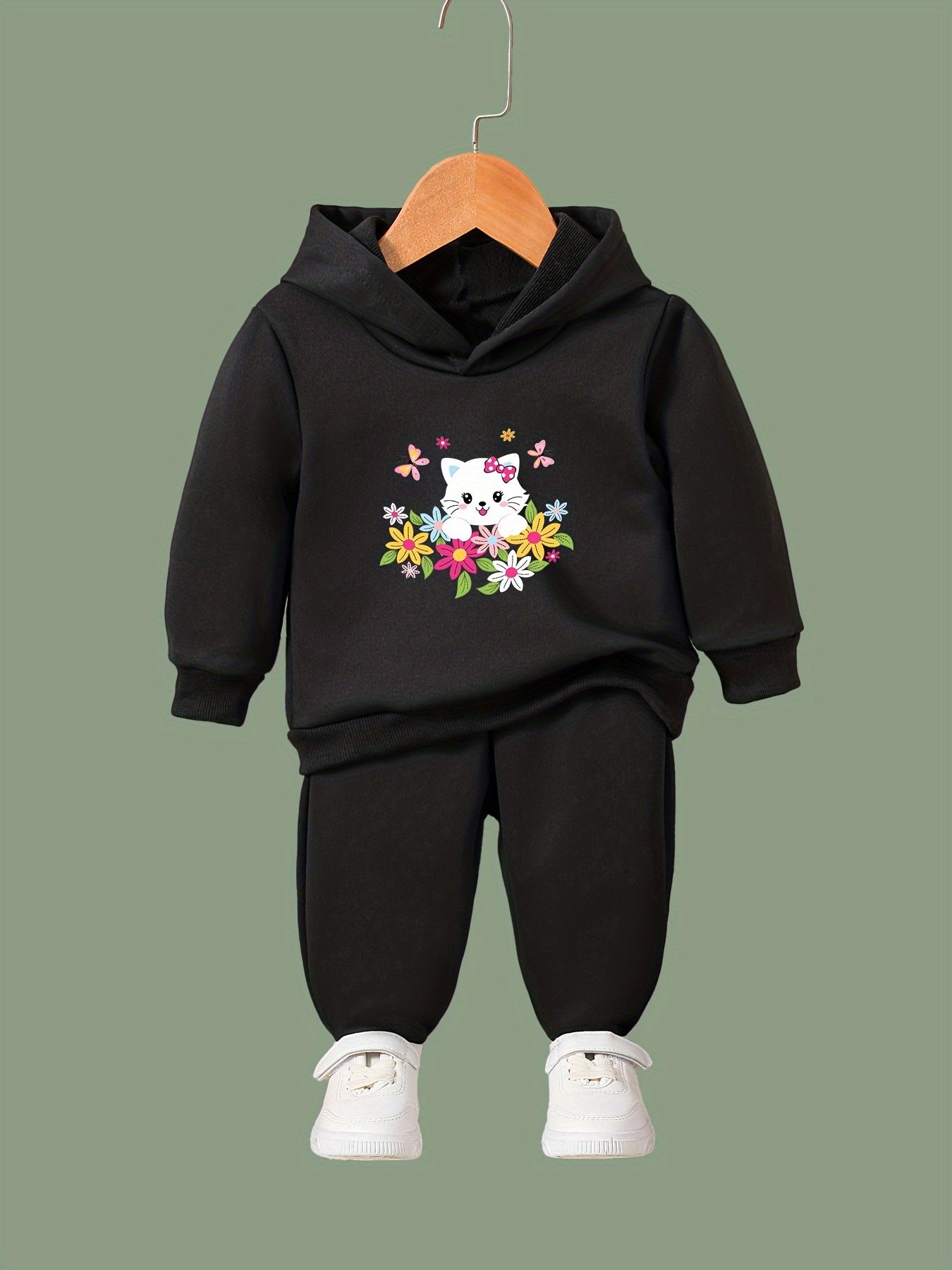 Sweet Kitty & Flower Print Girls Outfit For Sports - Spring/Fall