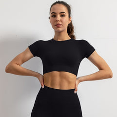 Solid Crew Neck Yoga Crop Top Short Sleeve Slimming Workout Top
