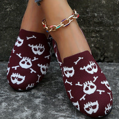 Women's Skull Print Flat Shoes Breathable Flying Woven Slip On Shoes
