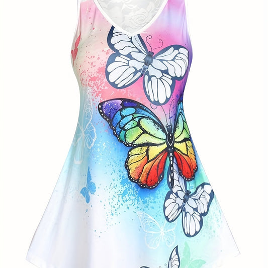 Butterfly Print Lace Tank Top Sleeveless Summer Top Women's Clothing