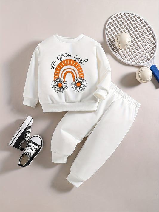 Baby Girl Rainbow Flower Letter Print Sweatshirt Trousers Set