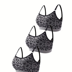 3pcs Leopard Wireless Bralettes Comfy & Breathable Intimates Bra