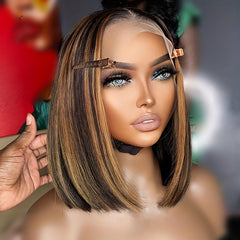 Highlight Brown Short Bob Wig Human Hair 180 Density 13x4 Lace Front
