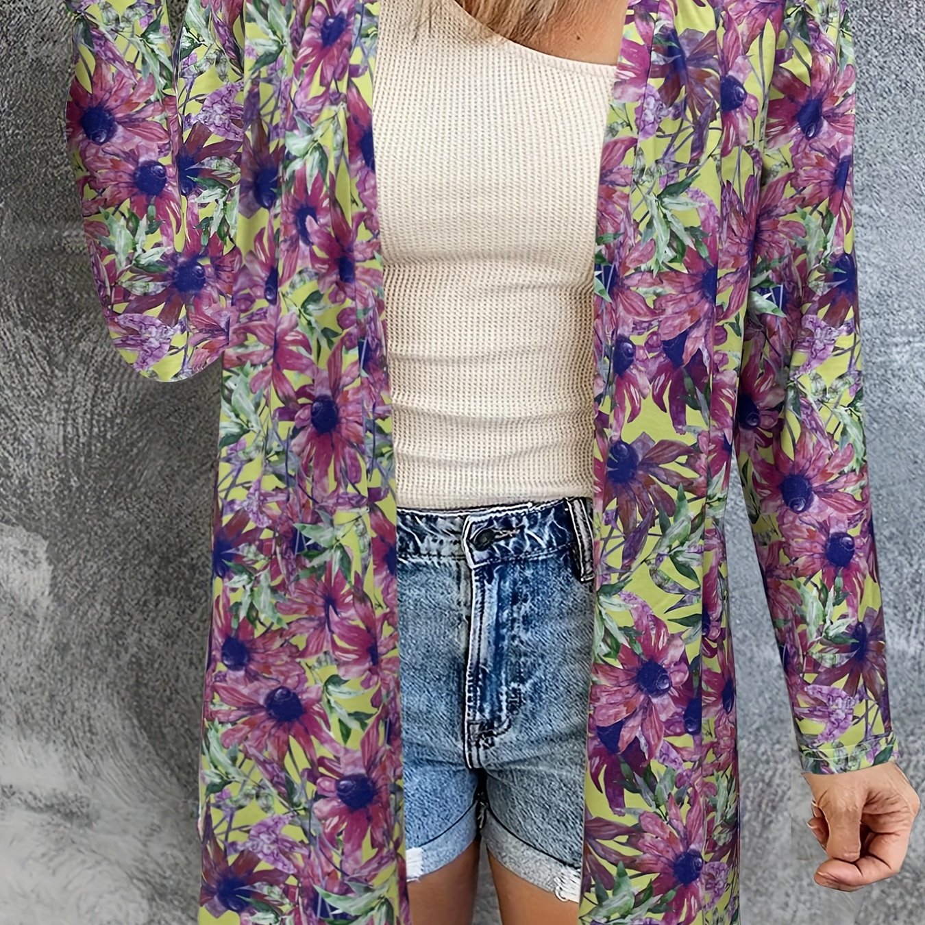  Floral Print Long Sleeve Open Front Cardigan