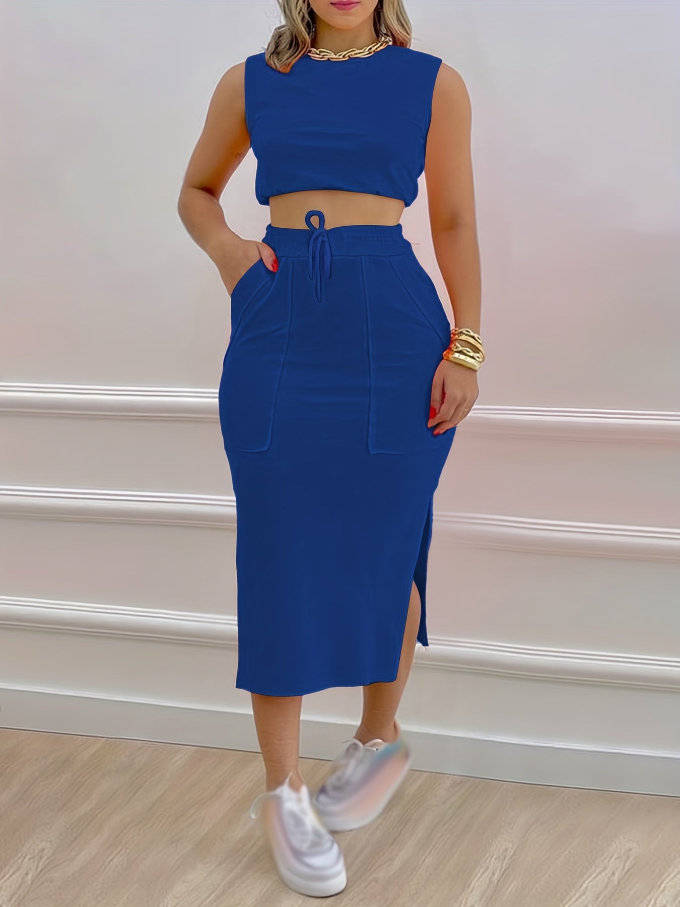 Casual Two Piece Set Sleeveless Top & Split Skirt Outfit