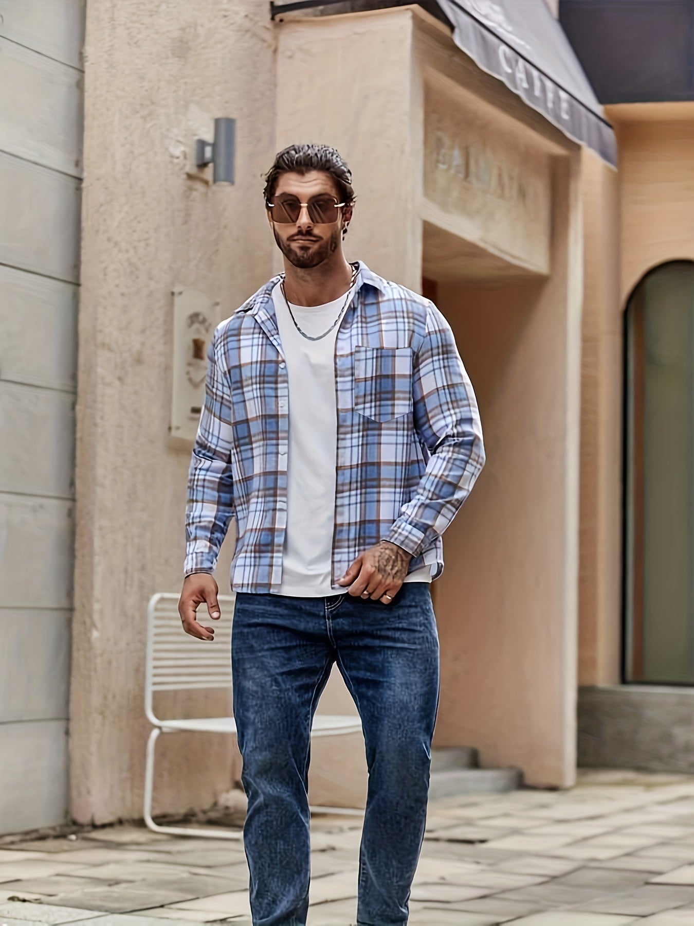 Men's Plaid Print Long Sleeve Shirt With Pocket