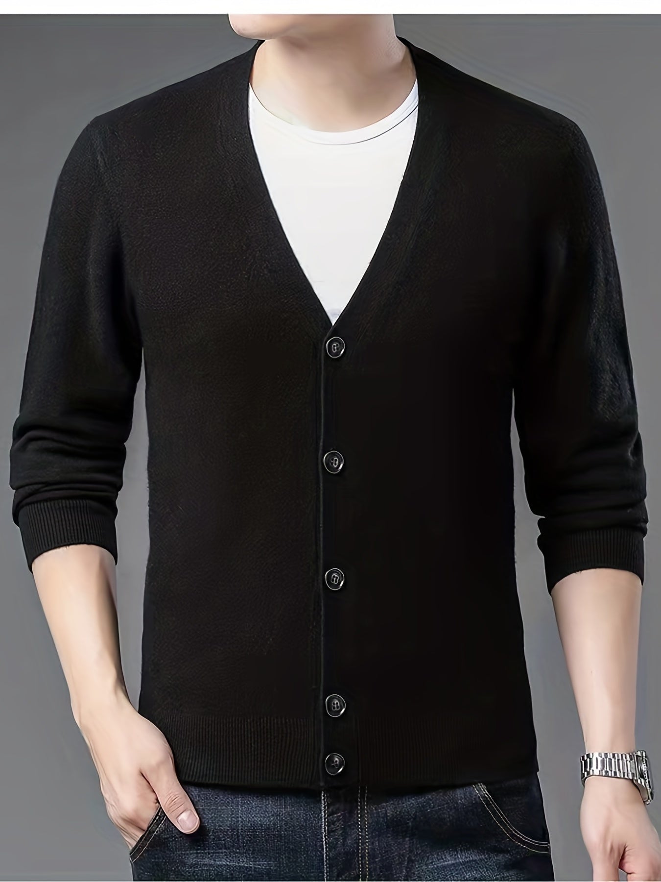 Woolen V-neck Button Up Cardigan for Men