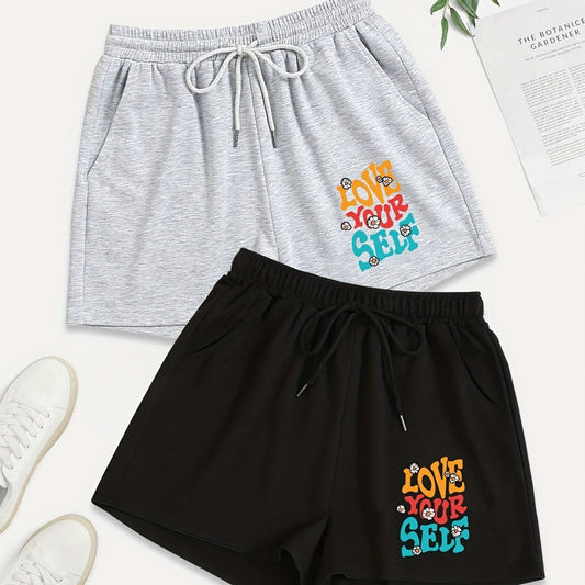 2 Pack Women's Plus Sporty Shorts Set Slogan & Daisy Print