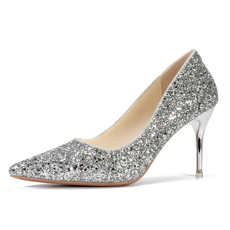 Women's Sequins Pointed Toe High Heels Glitter Slip On Wedding High Heels