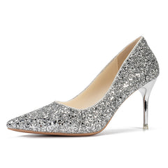 Women's Sequins Pointed Toe High Heels Glitter Slip On Wedding High Heels