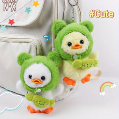 2pcs Plush Duckling Keychains Soft Stuffed Toys Green Hoods Orange Feet Beaks