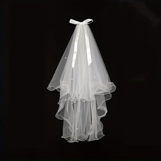 Romantic French Style Double Layer Bridal Veil with Beaded Bow