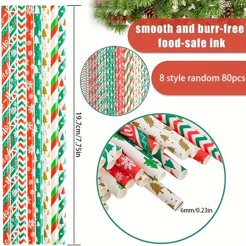 80pcs Christmas Paper Straws Decorative Straws Christmas Party Supplies