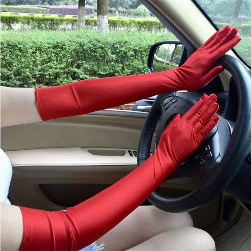 1 Pair Long Satin Gloves Solid Sunscreen Driving Gloves For Women Solid