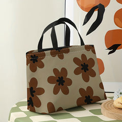 Brown Flowers Printed Lunch Bag Large Capacity Waterproof Food Insulated Bag