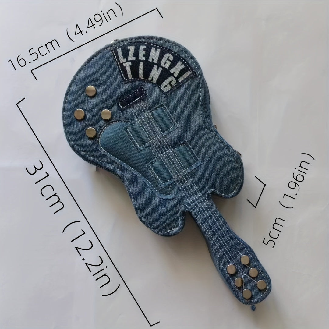 Denim Guitar Shaped Bag Crossbody Zipper Stylish Shoulder Purse