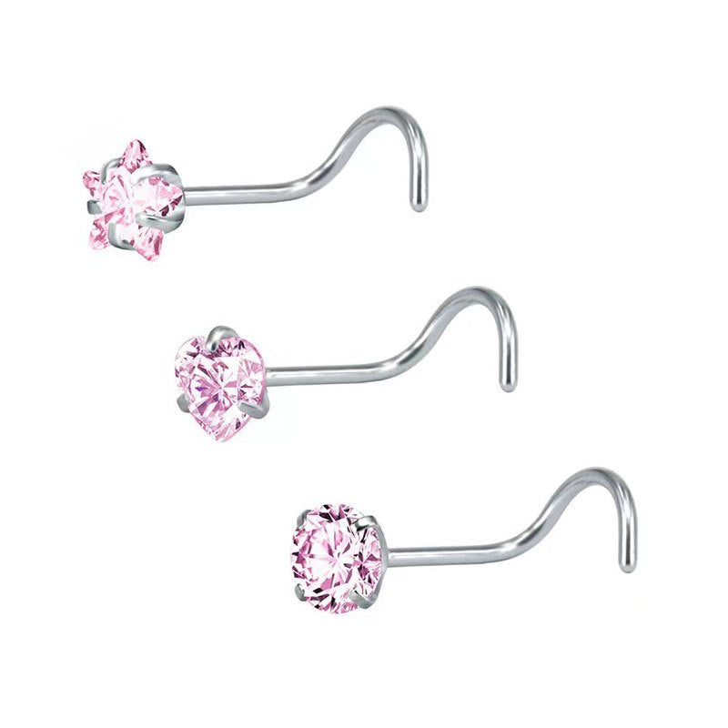3 Pcs Heart Star Round Zircon Nose Rings Set Stainless Steel Cartilage Stud