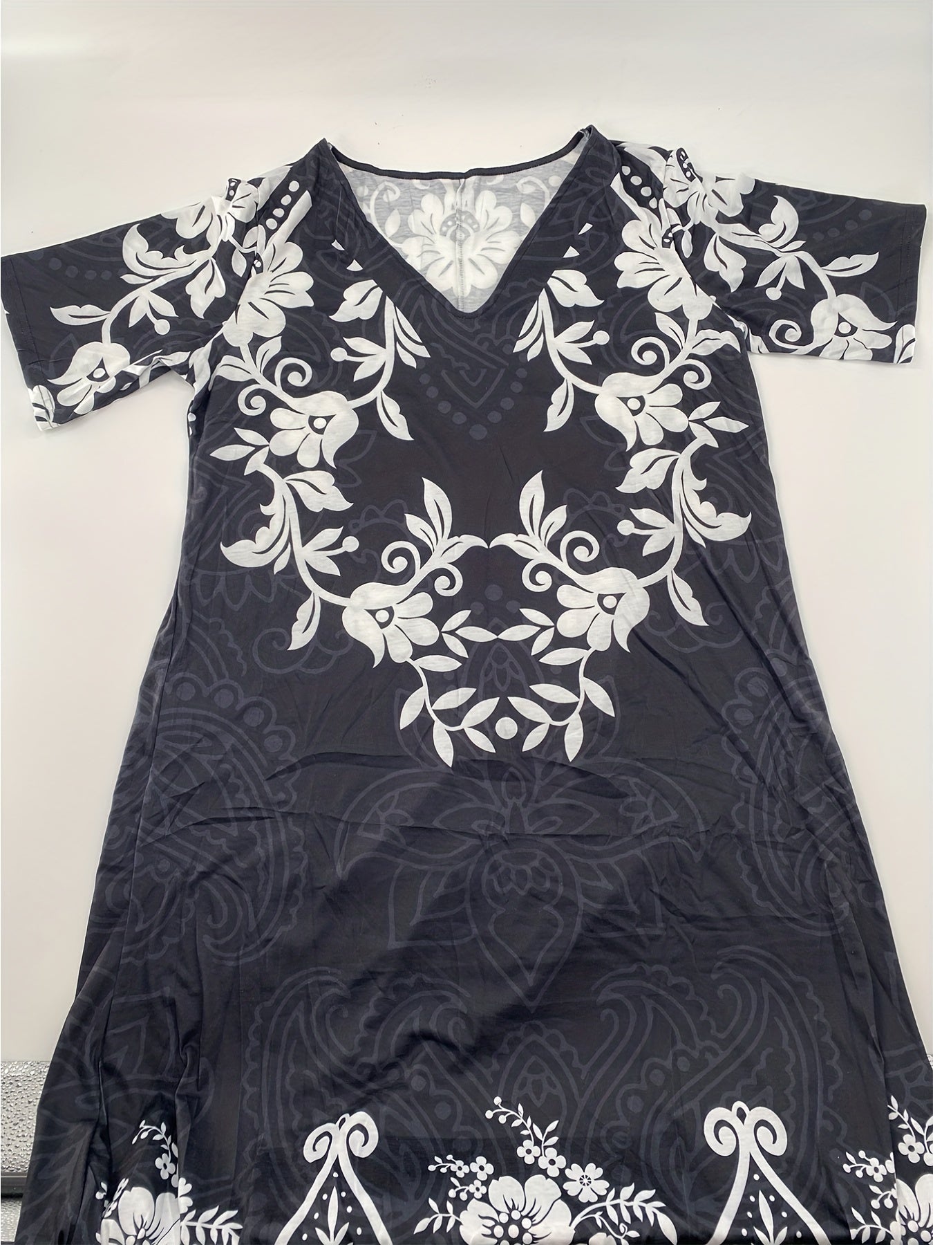  Floral Print V Neck Short Sleeve Maxi Dress