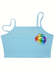 Rainbow Lips Print Cami Sleep Tops Sexy Crew Neck Sleeveless Top