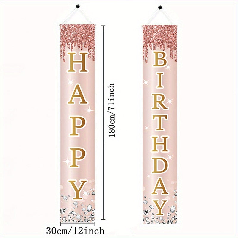 2pcs Pink Rose Golden Happy Birthday Door Banner Decorations