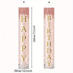2pcs Pink Rose Golden Happy Birthday Door Banner Decorations