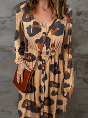 Women's Plus Leopard Print Lantern Sleeve Round Neck Casual Dress