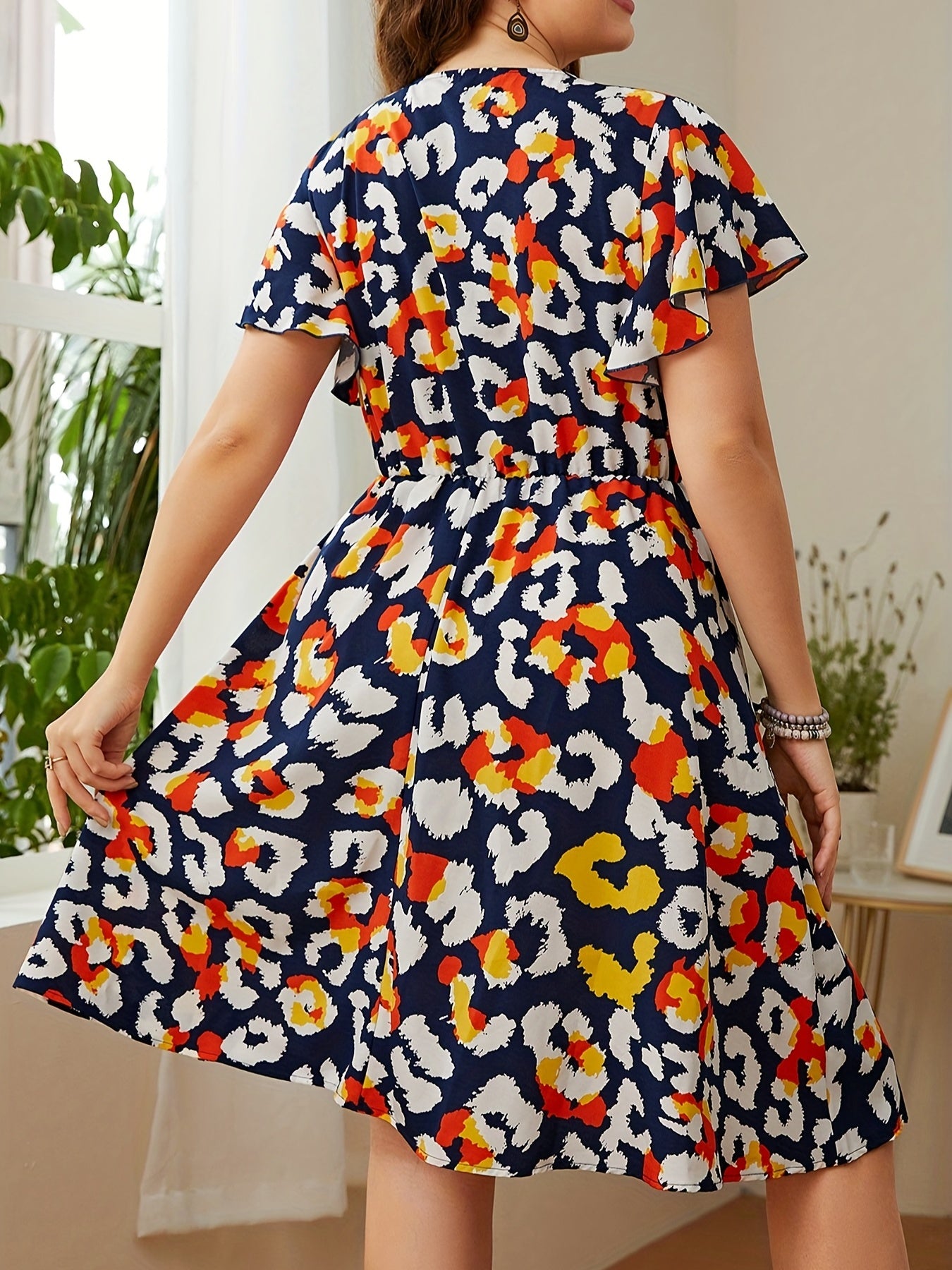 Graphic Print Ruffle Trim Cap Sleeve Mini Dress Plus Size