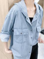 Plus Size Hooded Denim Blouse Long Sleeve Button Up