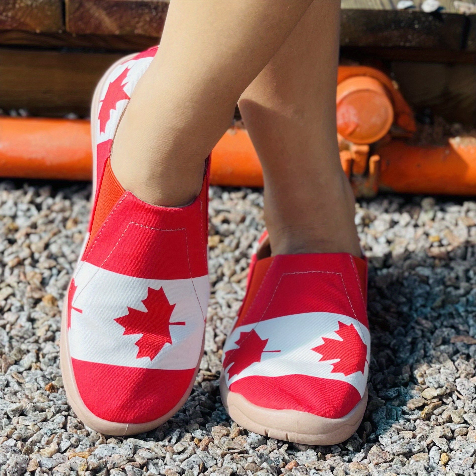 Women's Red Maple Leaf Print Canvas Slip-On Shoes Lightweight Sneakers
