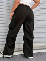  Solid High Rise Wide Leg Cargo Trousers