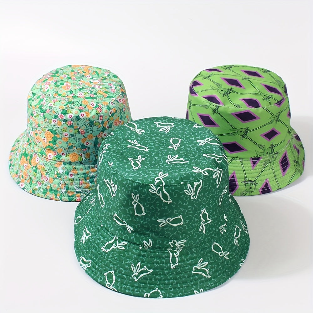 Green Rabbit Print Bucket Hat Lightweight Casual Fisherman Cap