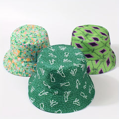 Green Rabbit Print Bucket Hat Lightweight Casual Fisherman Cap