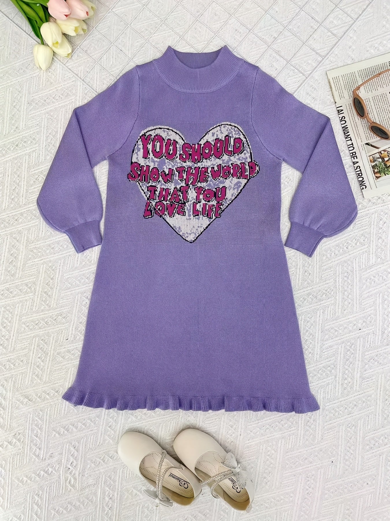 Girls Knitted Heart Jacquard Sweater Dress for Autumn and Winter