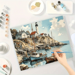 Coastal Lighthouse DIY Paint by Numbers Kit - Seaside Harbor Boat Painting