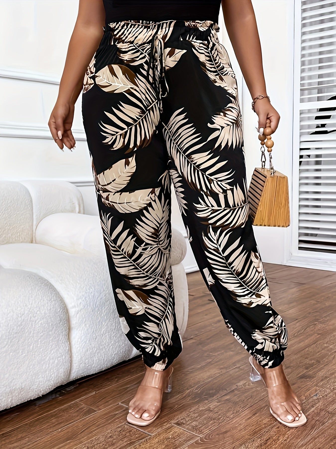  Boho Pants Women's Plus Tropical Print Drawstring Elastic