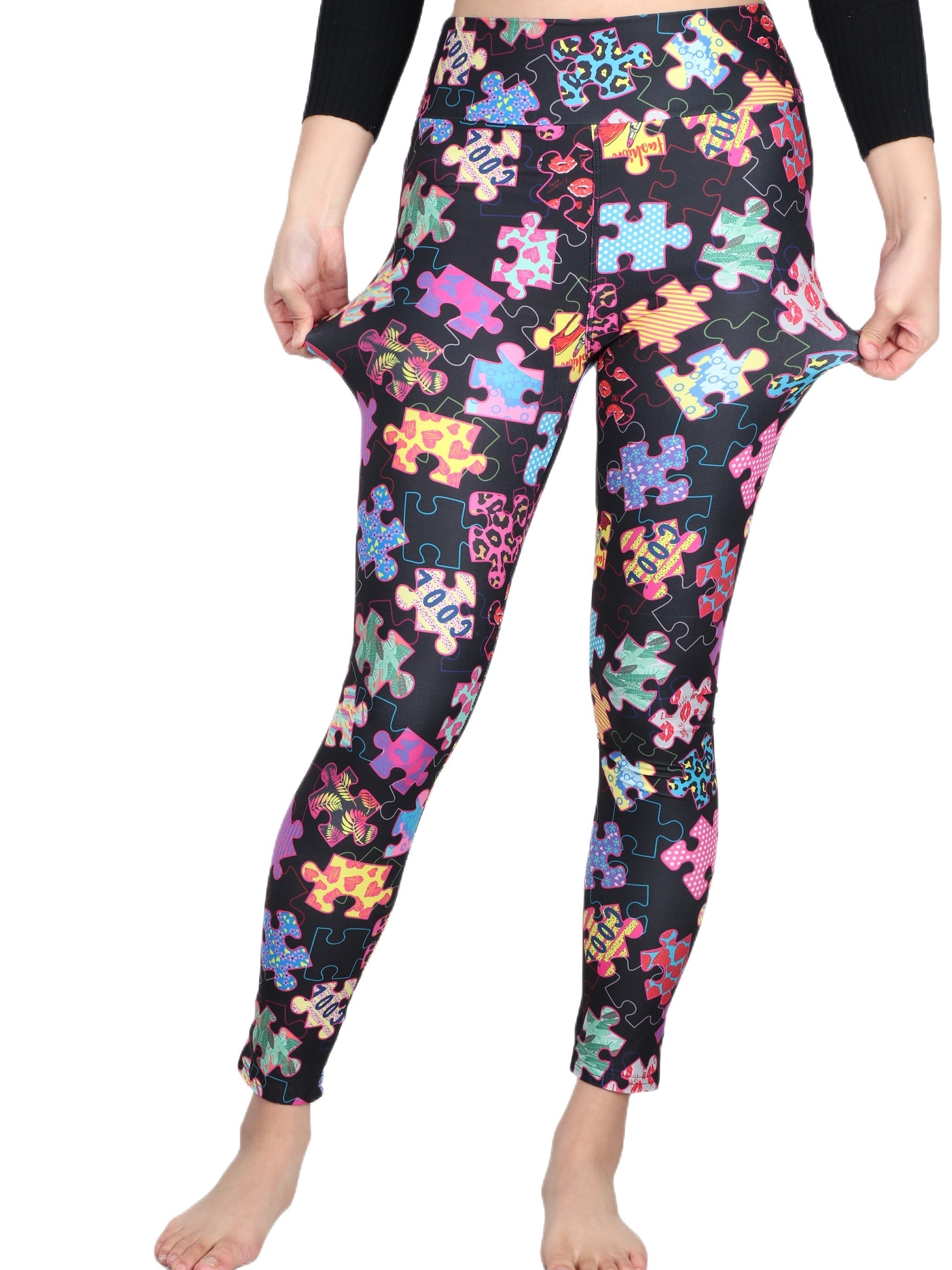 Jigsaws Print Skinny Leggings Stretchy Women's Casual Leggings