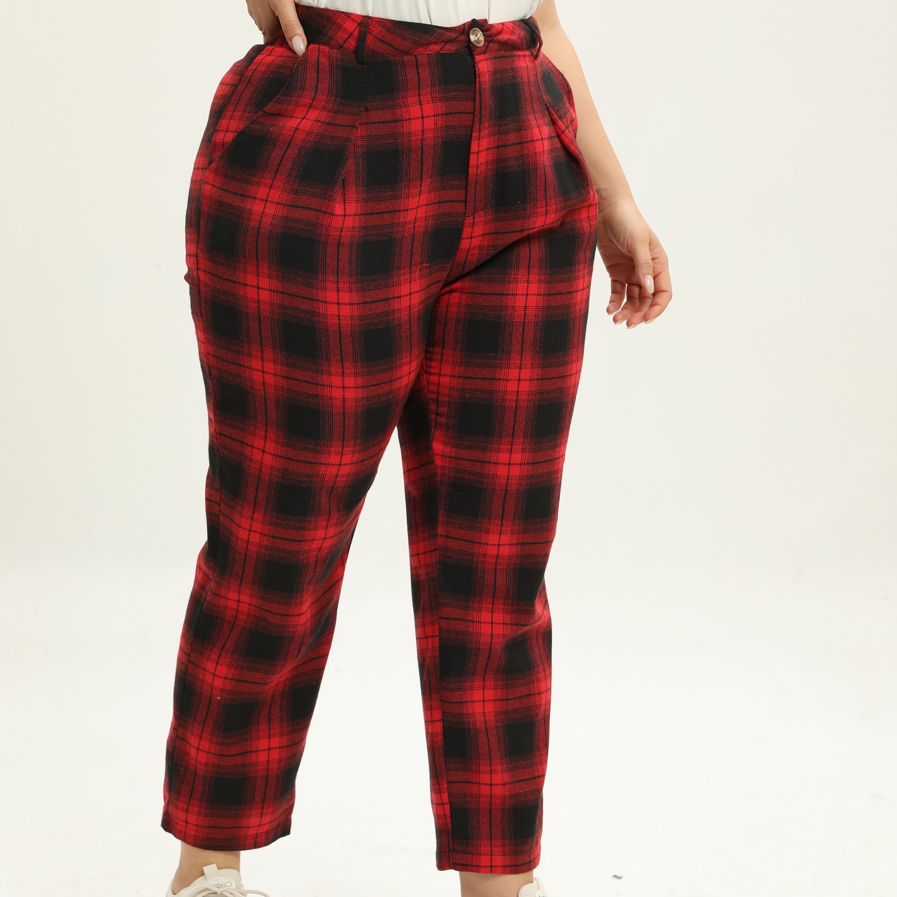 Women's Plus Plaid Print High Rise Wide Leg Trousers