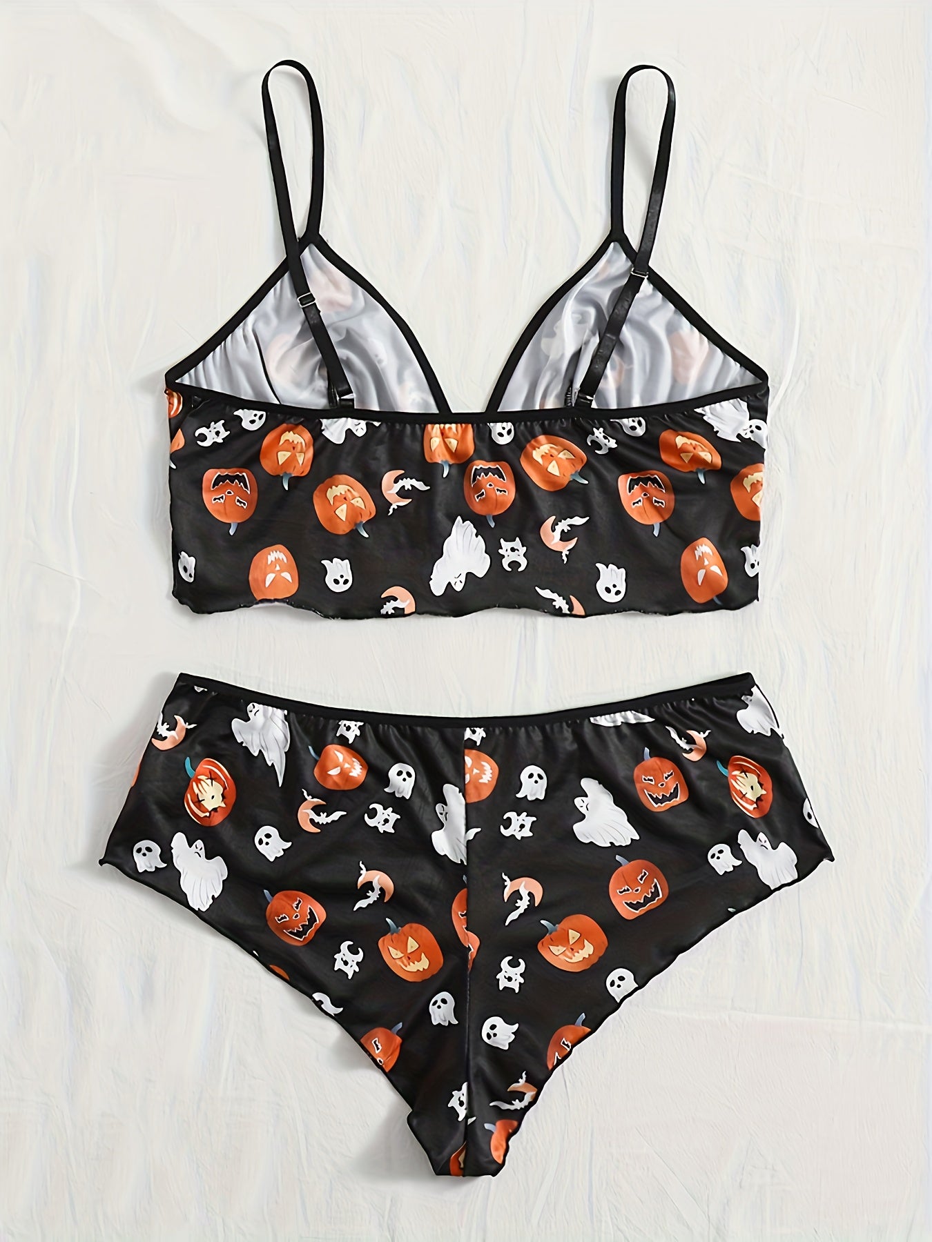  Ghost & Pumpkin Print Ruffle Trim Bra & Panty Set