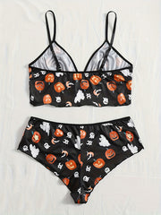  Ghost & Pumpkin Print Ruffle Trim Bra & Panty Set