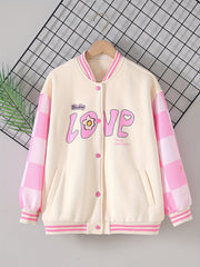 Girls' Cartoon Graphic Varsity Jackets Snap Button Down Long Sleeve