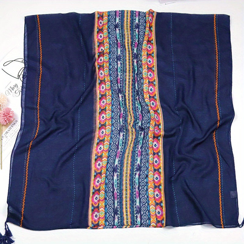 Navy Boho Tassel Scarf Vintage Pop Stripe Print Voile Block Long Shawl